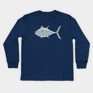 Bluefin Tuna Ink Art - cool fish design - on navy blue Kids Long Sleeve T-Shirt